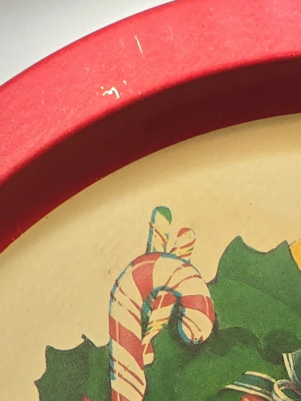 Vintage Christmas Round Tin Serving Tray Holiday Wreath Red Bow Candy Cane 12”